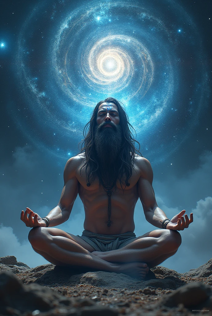 Spiritual yogi having long hair and beard enlightenment with kundali mascular powerful third eye , look like shiv the gid of yoga and destroyer meditating in the universe 