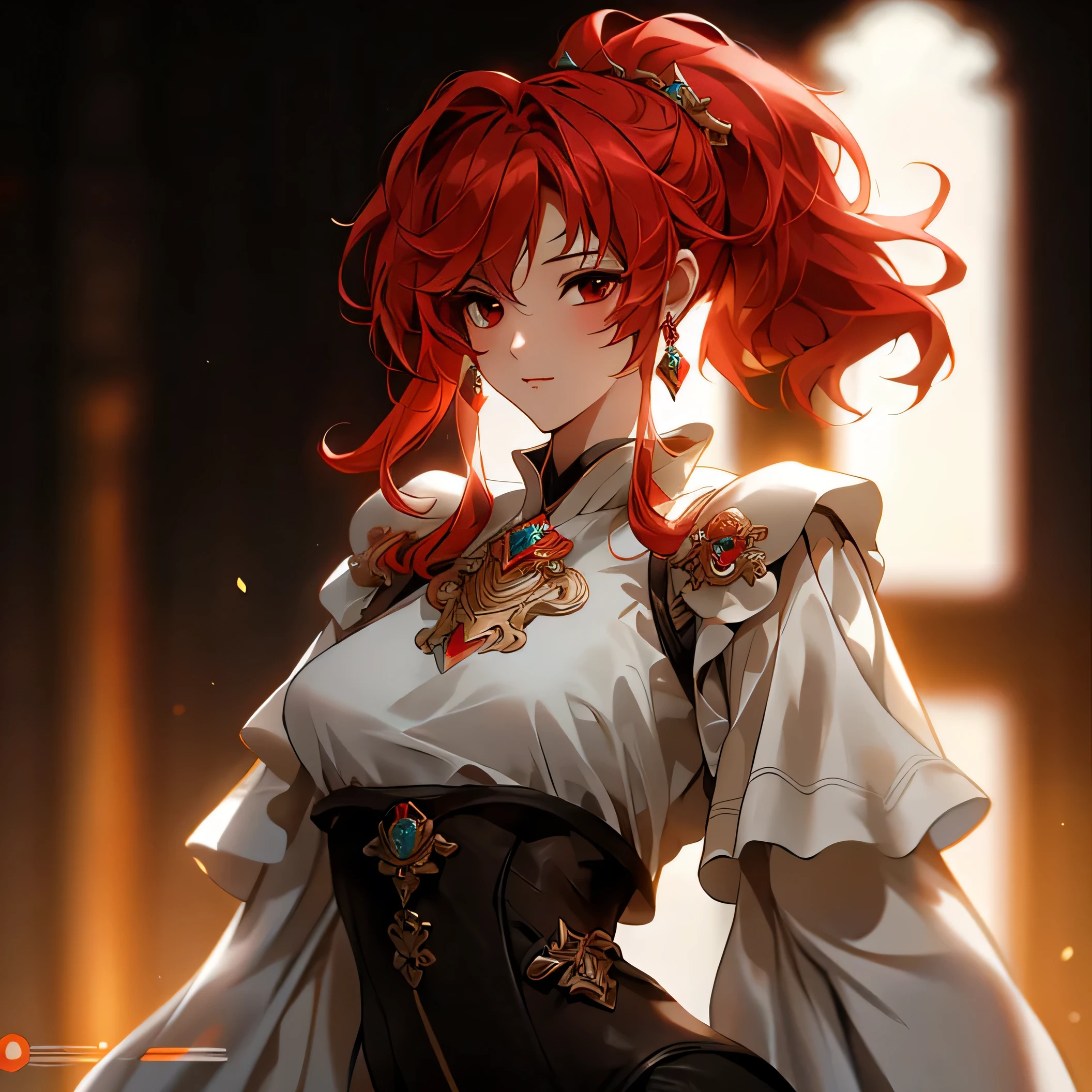 (best quality)), ((Masterpiece)), (details:1.4), 3d, HDR (high dynamic range), an image of a beautiful cyberpunk female, Red hair, High Ponytails, Sleek Style, Red eyes, hips up, จมูกโด่ง, ปากแดง, หน้าอกใหญ่, nvidia RTX, PBR surface, After processing, Anisotropic filtration,depth of field, Maximum clarity and clarity, multi-layered surface, Subsurface scattering, perfect proportions, 8K raw files, ultra detailed, Perfect proportions, volumetric lighting, soft lighting, , future police, glossy skin, gorgeous, intricate grey background, strong back lighting, jewely, ต่างหู, นิ้วมือสมบูรณ์, กระโปรงสั้น