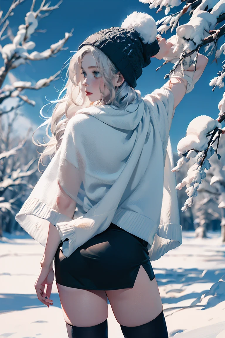 Silver Hair, (Rear View, Rear View),(Highest quality,High resolution,Very detailed,Actual),Target,A world covered in silver, Snow covered branches, toque Chill de invierno, Snowflakes dance like elves, Turning the world into a silver fairy tale, Chill, Quiet and beautiful snow scenery., Cozy and quiet, (Ocean Art 2.1), (Background Frozen white trees Snow falling:1.4) , (Beautiful Blue Eyes、Big stone black eye:1.4) , (Realistic) ,8K high quality, detailed art, Fan Art Best Art Station, Fantasy art style, ((A short, sheer black miniskirt:1.4)) ,(String), Stockings Bra, Leggings White,Sexy Body