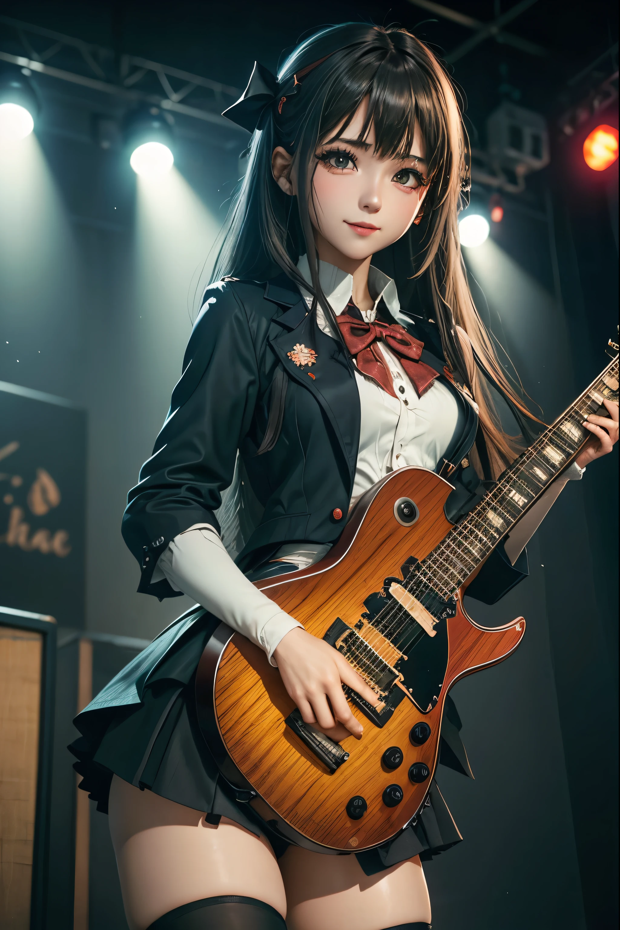 High school girl blazer、uniform、Red checked knee-length skirt、Long skirt、JK Style、Jacket、smile、Knee-high socks、Thigh-high socks、pantyhose、Extremely beautiful、Super cute、ennui、Rare Beauty、Dark black eyeshadow、sad、Skin radiance、Long Hair Straight Hair、Dark Gothic Makeup、Dark Smile、Fragrant beauty、Stained glass background、masterpiece、Highest quality、See 5 books、Sweat glistening on my chest、Sweat glistening on the face、Small breasts、2、Slightly slim、Mysterious look、Sad look、Mysterious Gothic Church、enchanting castle、Excessive sweating all over the body、Sweat dripping down thighs, shining in the light、Shiny thighs、Thighs、Sweat on thighs, shining brightly、sweat profusely、gal、Small breasts、Japanese face、Captivating look、Thin Thighs、play the guitar、I have a guitar、Enthusiastic singing、play the guitar in a band、Playing guitar chords、Background of the live music venue、Sing a song、Open your mouth、Scenery of a live music venue、Mike stand、Glamorous live stage、Dynamic Angles、Vivid straight long hair、delicate straight hair、