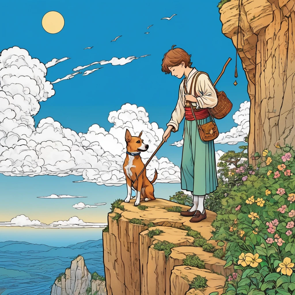 Major Arcana Tarot Cards『Fool』Create a coloring book with the theme。Please include the following:： - **Design style**: Victorian Design - **Motif 1**: [[Young innocent person standing on the edge of a cliff]] - **Motif 2**: [[Little dog]] - **Characteristics of the illustrations**: 線が明確inクリーンin、Great for coloring - **Line art**: [[For coloring books[[Line artのみ]]in、Detailed Design]] - **composition**: Young innocent person standing on the edge of a cliffを描写し、He has a stick with a small bag on his shoulder.。The person has a joyful expression on his face.、足元にはLittle dogがいます。In the background、Simple elements include a clear sky and abstract clouds。