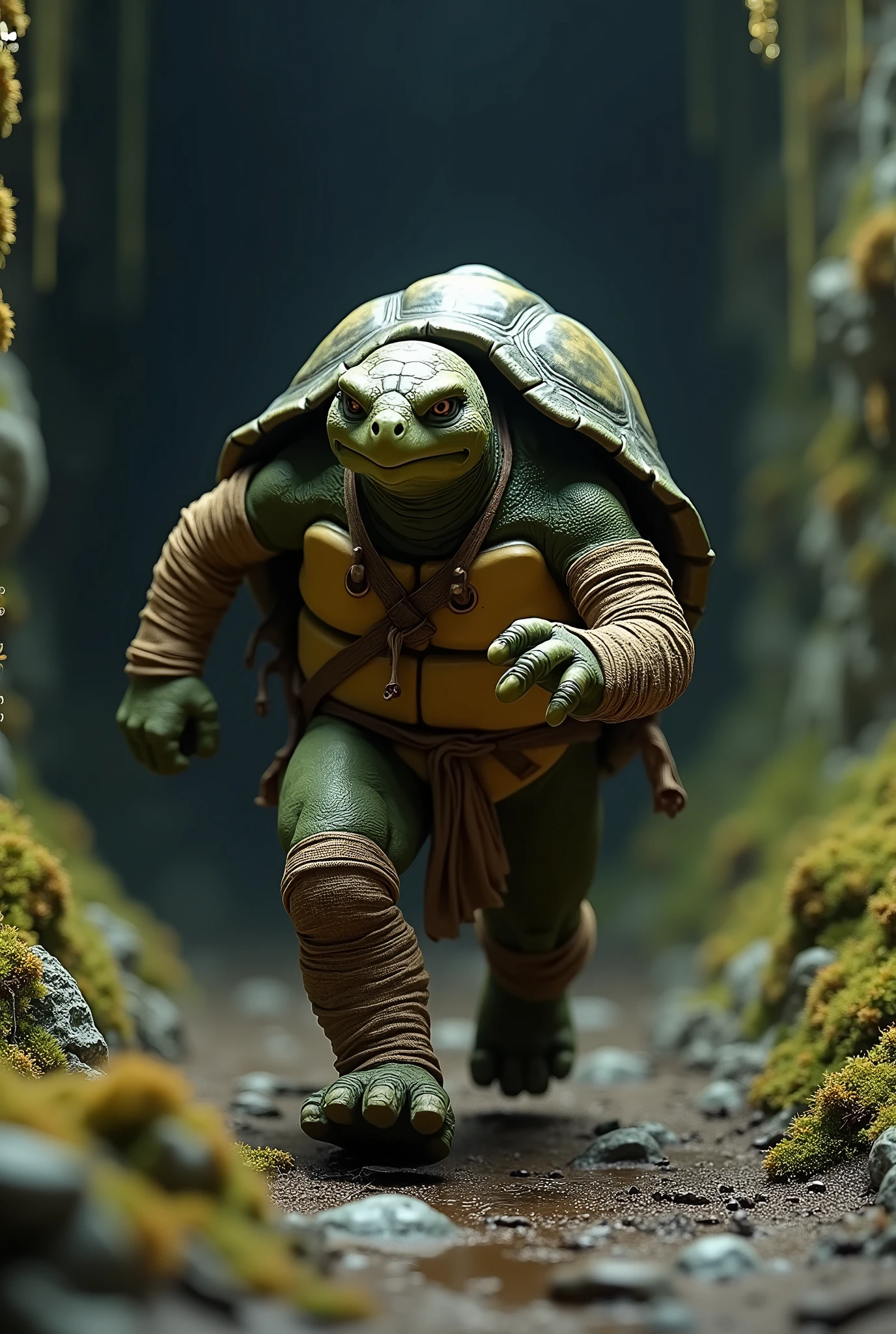 (masterpiece, photorealistic:1.4, extremely intricate:1.3), (photon mapping, radiosity, physically based rendering, ultra resolution, hyper-realistic, photorealistic:1.4, hyper-realistic, 8K), humanized tortoise, monk, his shell is green and black, his arms and legs are wrapped in brown burlap bandages, background dark damp cavern, side view, dynamic action pose running forward
