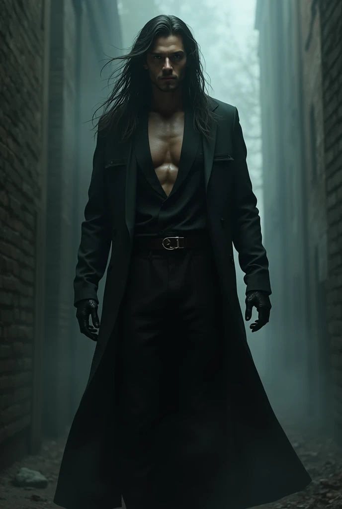 Age: 3 white man. Hair: long, naturally dark hair. Height: 6'5. Body: tall and sexy but a little bit creepy. large hands. Eyes: dark black, sharp,. Face: handsome, intimidating.