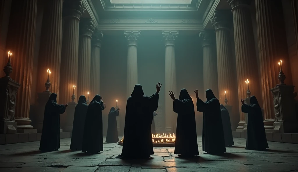8k、(number々の賞を受賞したmasterpiece、Incredible detail、Texture、Maximum details), (summoning magic),(Temple of Apollo at night (Temple of Apollo) - Greece), (dark organization)arafed image of a group of people in a church with candles,lit candle, dark cinematic concept art, elegant cinematic fantasy art, photorealistic dark concept art, by Beeple, dark robes, wojtek fus, gothic epic library concept, gothic epic library, epic cinematic concept art, dark concept art, Beeple and mike winkelmann, symmetrical epic fantasy art, High resolution, masterpiece, Highest quality, Intricate details, Very detailed, Clear focus, practical skin texture, texture,  Shot with Canon, 85mm, Shallow and deep, Kodak Vision Color, Exactly, Very detailed, photograph_\(Extremist\), photographpractical, practical, Post-processing, Maximum details, Roughness, Real Life, Extremist practical, Photorealism, photographgraphy, 8K Ultra HD, photographgraphy
