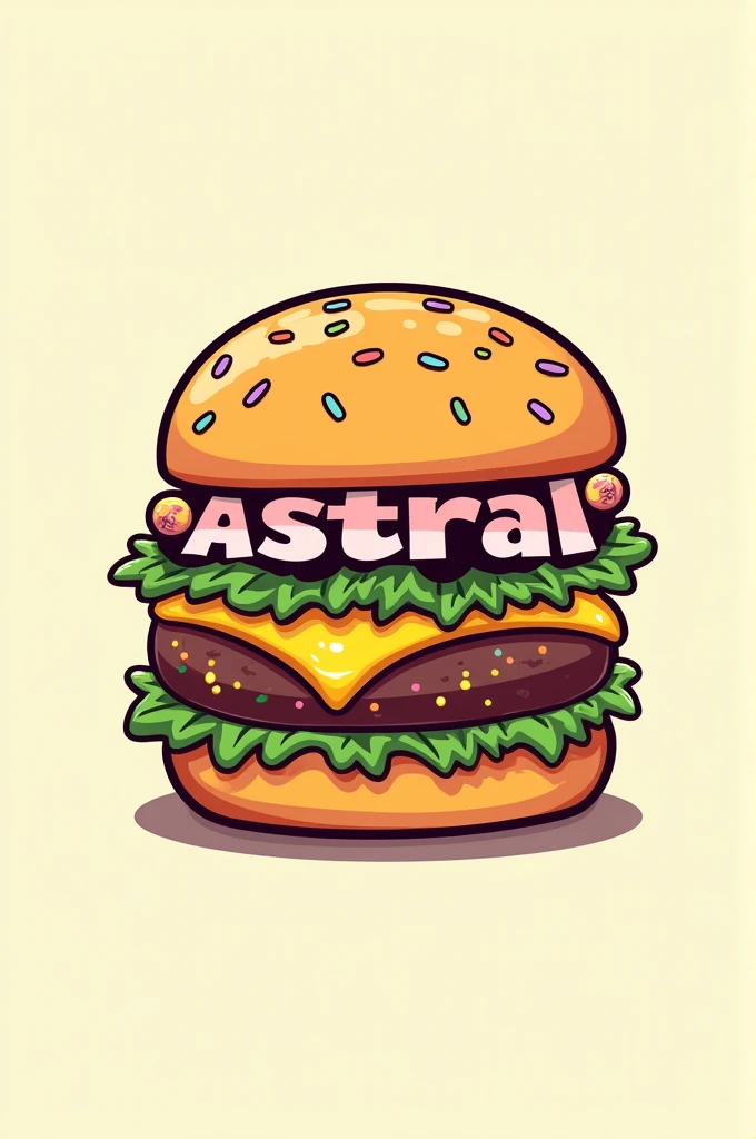 logo with a cartoon hamburger, and between the buns the name ASTRAL BURGUER as if it were the meat