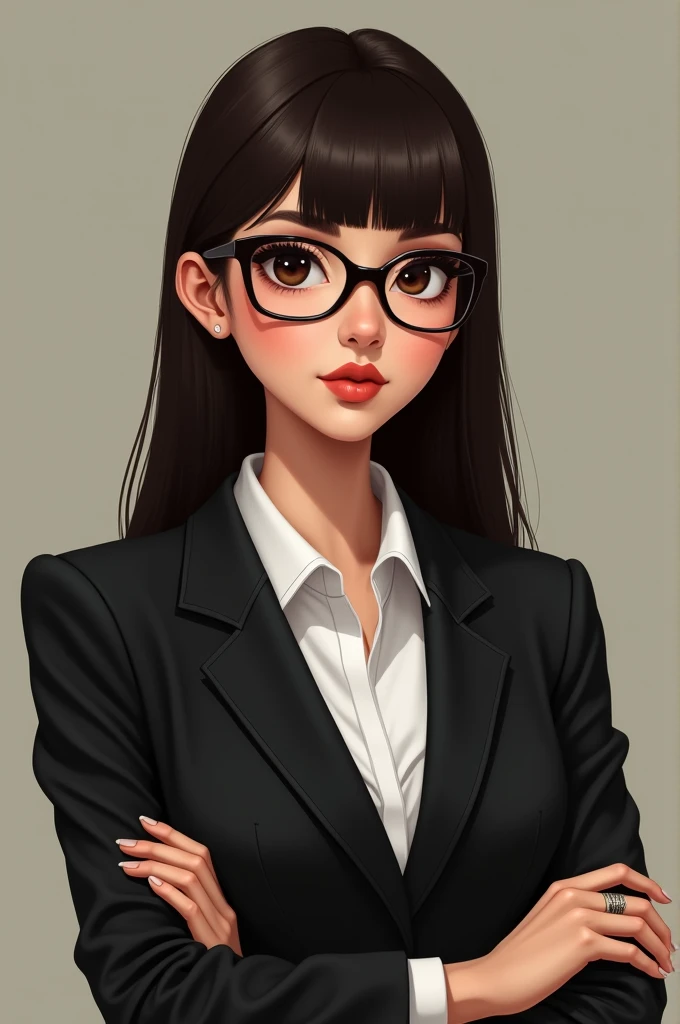  of Ecuadorian nationality with straight dark brown hair like her eyes. Has several moles, one in the center of the forehead, another on the left cheek, another on the chin and one on the wrist. With a developed body and is dressed in an elegant and formal manner with a suit as well as having bangs and wearing glasses 