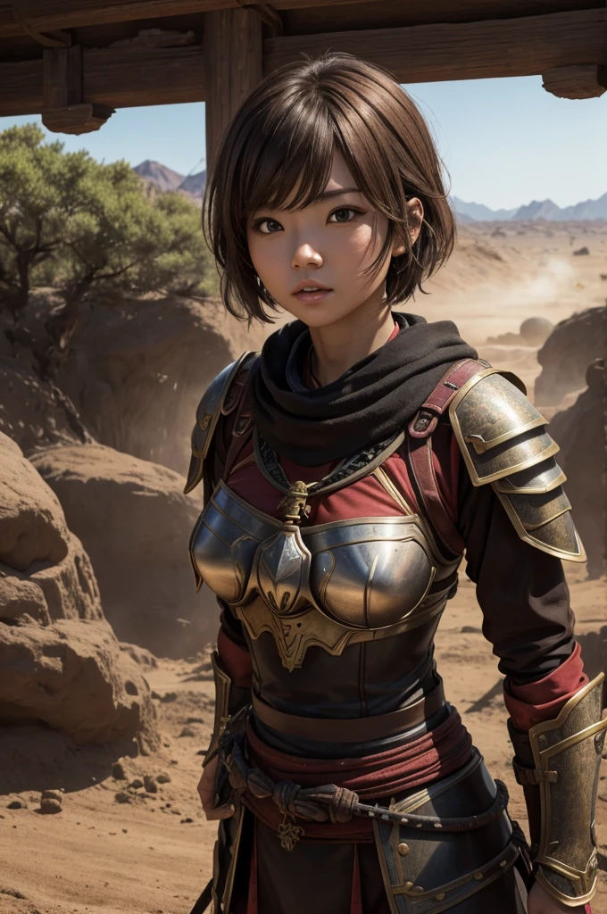 8k,荒れた大地adventure者の衣装,Traveling through the dusty wilderness,Light brown short hair,so beautifulな日本の女性, Large red and black breastplate(devil&#39;s Crest),so beautiful(Like the real thing),Red and black shoulder armor for the left shoulder(devil&#39;s Crest),red and black combat pants,sexy,deviantart artstation cgscosiety, 3D Rendering,Art Station HDのトレンド, Adventure Ultra-Realistic Rendering, Perfect body with realistic shading, Photorealistic perfect body, Ultra-high resolution,high quality,sexy,Brown short hair,Muscular and slim body,Muscular and toned lower body,masterpiece,最high qualityのフォトリアリスティックなRAW写真。Bright colors,Rich colors, Backlight, Cinema Lighting, Film Grain, to be born, 50mm lens, Nikon D850,Realistic Skin,Fantasy art,Character Art,adventure,He has a long and big Japanese sword.,brown combat jacket,red and black gauntlets(devil&#39;s Crest),Battle Scenes,Dynamic pose,Action pose,Big smile,Very strong and toned abdominal muscles,Build Muscles,Red and black combat shorts,