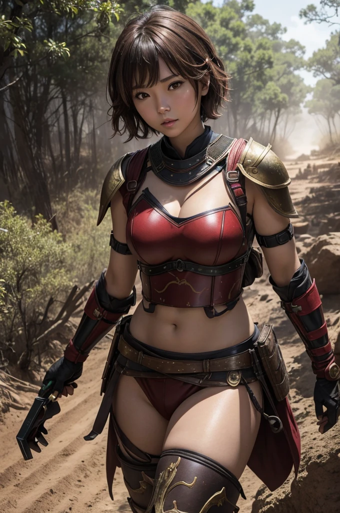 8k,荒れた大地adventure者の衣装,Traveling through the dusty wilderness,Light brown short hair,so beautifulな日本の女性, Large red and black plate(devil's Crest),so beautiful(Like the real thing),Red and black shoulder armor for the left shoulder(devil's Crest),red and black combat pants,sexy,dantart artstation cgscosiety, 3D Rendering,Art Station HDのトレンド, Adventure Ultra-Realistic Rendering, Perfect body with realistic shading, Photorealistic perfect body, Ultra-high resolution,high quality,sexy,Browhort hair,Muscular and slim body,Muscular and toned lower body,masterpiece,最high qualityのフォトリアリスティックなRAW写真。Bright colors,Rich colors, Backlight, Cinema Lighting, Film Grain, to be born, 50mm lens, Nikon D850,Realistic Skin,Fantasy art,Character Art,adventure,He has a long and big Japanese sword.,brown combat jacket,red and black gauntlets(devil's Crest),Battle Scenes,Dynamic pose,Action pose,Big smile,Very strong and toned abdominal muscles,Build Muscles,Red and black combat shorts,