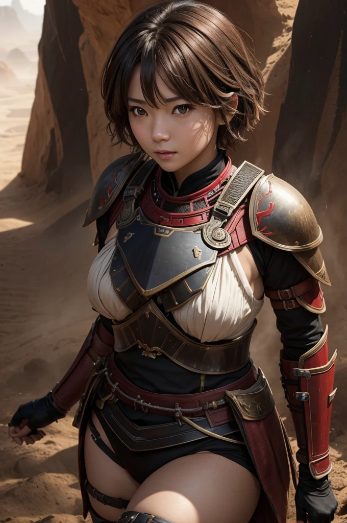 8k,荒れた大地adventure者の衣装,Traveling through the dusty wilderness,Light brown short hair,so beautifulな日本の女性, Large red and black breastplate(devil's Crest),so beautiful(Like the real thing),Red and black shoulder armor for the left shoulder(devil's Crest),red and black combat pants,sexy,deviantart artstation cgscosiety, 3D Rendering,Art Station HDのトレンド, Adventure Ultra-Realistic Rendering, Perfect body with realistic shading, Photorealistic perfect body, Ultra-high resolution,high quality,sexy,Brown short hair,Muscular and slim body,Muscular and toned lower body,masterpiece,最high qualityのフォトリアリスティックなRAW写真。Bright colors,Rich colors, Backlight, Cinema Lighting, Film Grain, to be born, 50mm lens, Nikon D850,Realistic Skin,Fantasy art,Character Art,adventure,He has a long and big Japanese sword.,brown combat jacket,red and black gauntlets(devil's Crest),Battle Scenes,Dynamic pose,Action pose,Big smile,Very strong and toned abdominal muscles,Build Muscles,Red and black combat shorts,