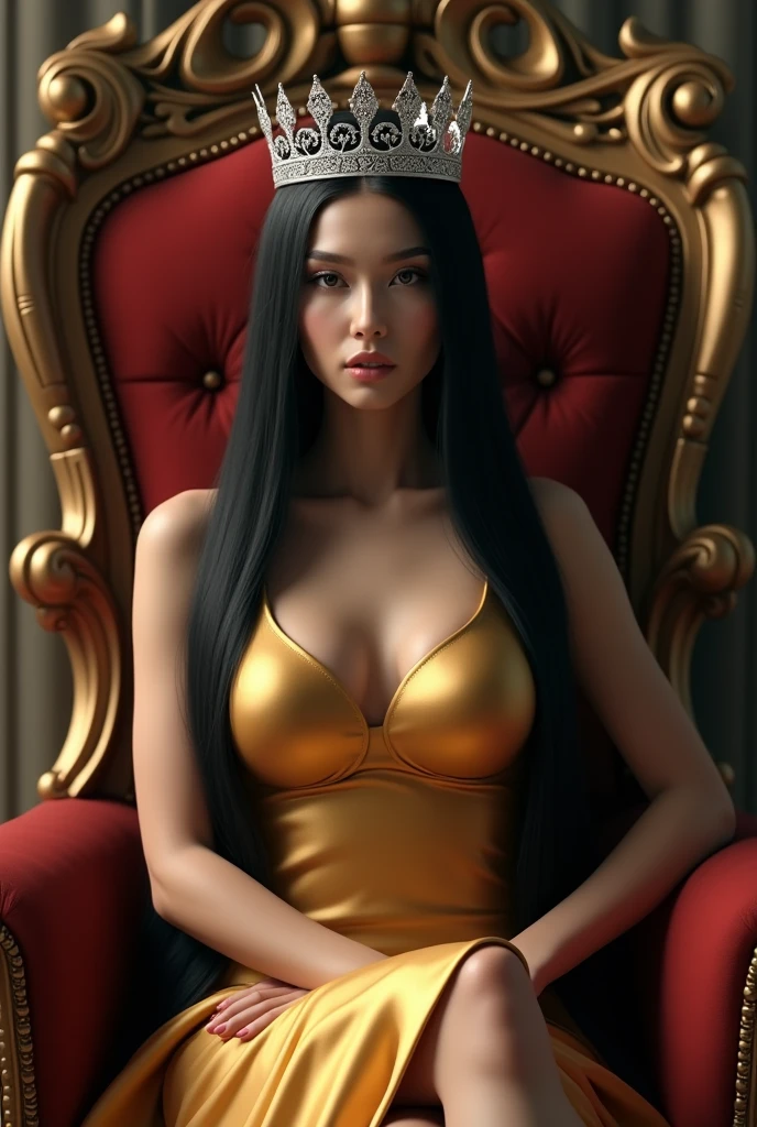 woman, long straight black hair, medium bust, silver crown, shiny smooth gold dress, sitting on a large queen chair, legs crossed, looking at the camera, photorealistic
