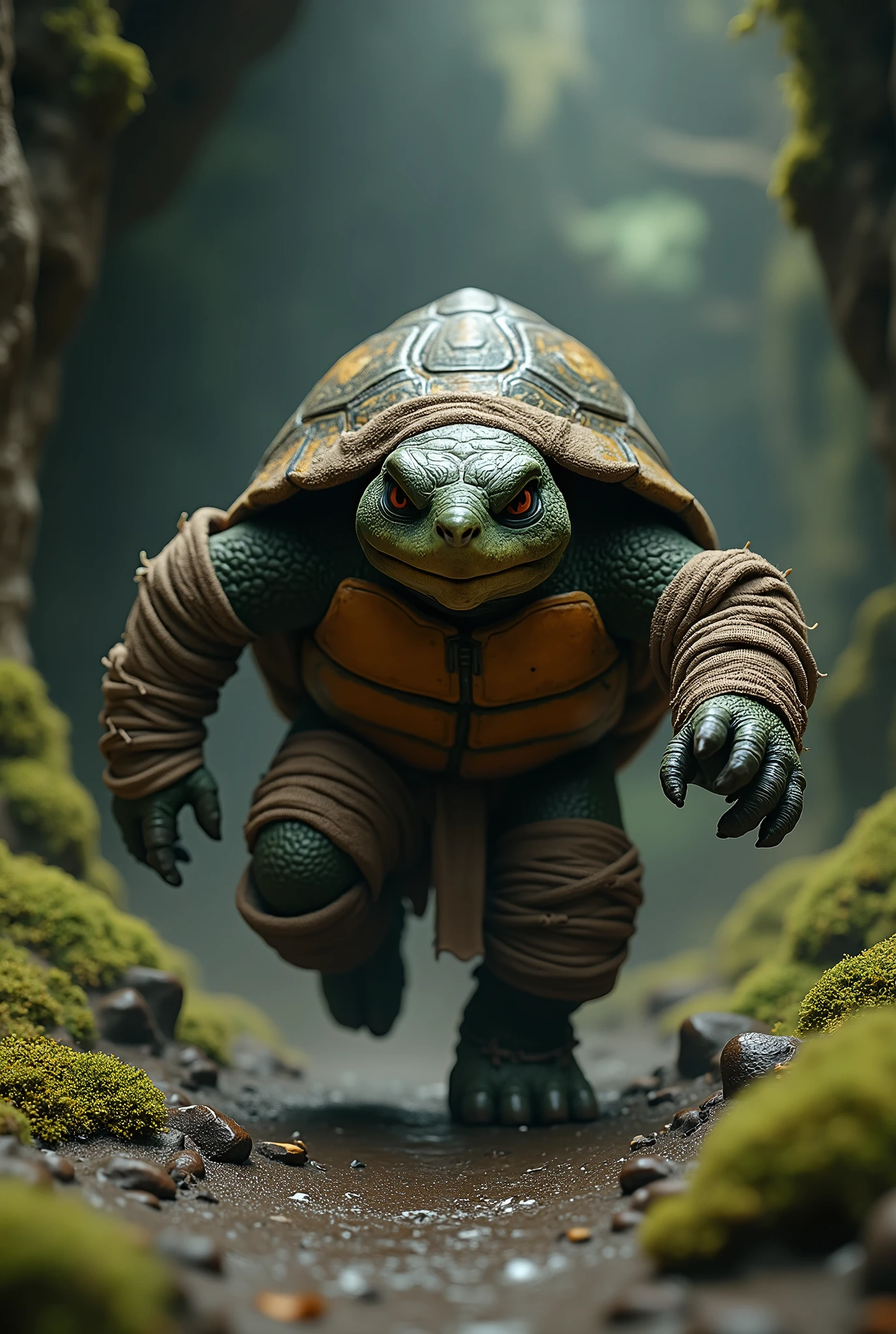 (masterpiece, photorealistic:1.4, extremely intricate:1.3), (photon mapping, radiosity, physically based rendering, ultra resolution, hyper-realistic, photorealistic:1.4, hyper-realistic, 8K), humanized tortoise, monk, his shell is green and black, his arms and legs are wrapped in brown burlap bandages, background dark damp cavern, side view, dynamic action pose running forward