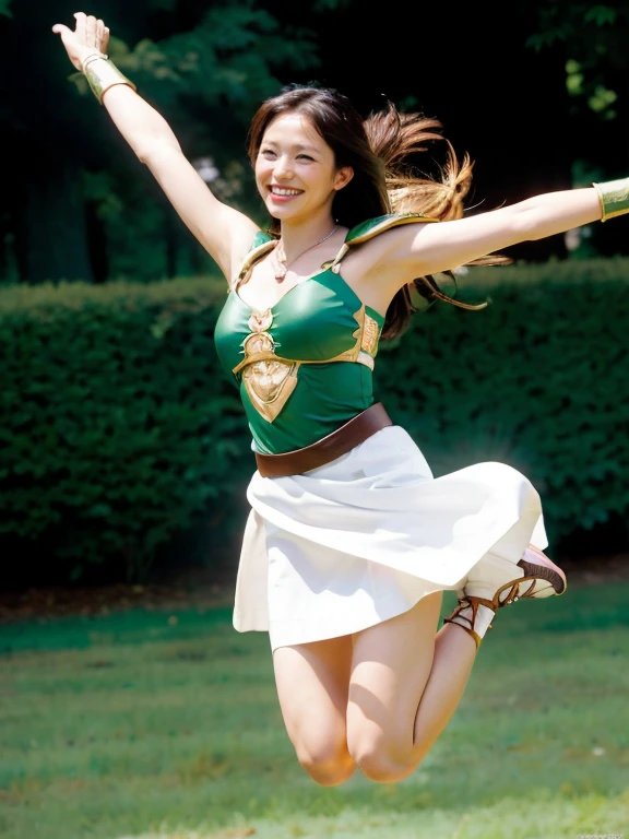 (RAW Photos:1.2), (Realistic:1.4),Beautiful detailed woman,非常にfine grainと顔, fine grain, Very detailed,High resolution, Very detailed,Highest quality,Unified,8k wallpaper,masterpiece,Highest quality,1 female,alone,rich,Whole Body Ezbian,Woman warrior,alone,（Green armor,White Skirt,Sandals）,Jewelry Necklace,Medium Long Hair,Spread your arms and legs and jump high:1.5、A kind smile,Realistic,On the Plateau、Valkyrie