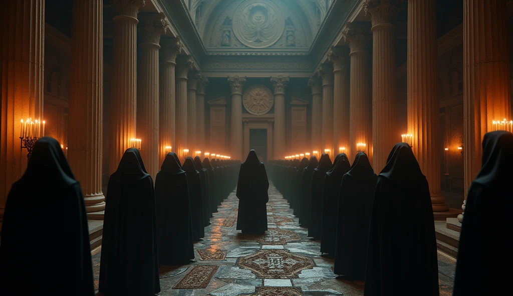 8k、(number々の賞を受賞したmasterpiece、Incredible detail、Texture、Maximum details), (summoning magic),(Temple of Hephaestus at night (Temple of Hephaestus) - Greece), (dark organization)arafed image of a group of people in a church with candles,lit candle, dark cinematic concept art, elegant cinematic fantasy art, photorealistic dark concept art, by Beeple, dark robes, wojtek fus, gothic epic library concept, gothic epic library, epic cinematic concept art, dark concept art, Beeple and mike winkelmann, symmetrical epic fantasy art, High resolution, masterpiece, Highest quality, Intricate details, Very detailed, Clear focus, practical skin texture, texture, Shot with Canon, 85mm, Shallow and deep, Kodak Vision Color, Exactly, Very detailed, photograph_\(Extremist\), photographpractical, practical, Post-processing, Maximum details, Roughness, Real Life, Extremist practical, Photorealism, photographgraphy, 8K Ultra HD, photographgraphy