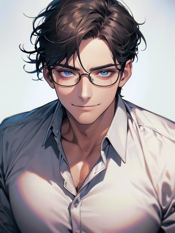 masterpiece, best quality, 1male mature, man, mature, 32 years, gray black hair, blue eyes, glasses, CEO, expression smile in love, white shirt, mugshot, wall background, detailed eyes, detailed facial features, realistic and high resolution (best quality, 4k, 8k, highres, masterpiece:1.2)