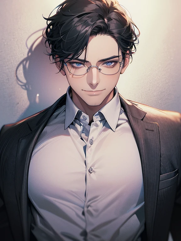 masterpiece, best quality, 1male mature, man, mature, 32 years, gray black hair, blue eyes, glasses, CEO, expression smile in love, white shirt, mugshot, wall background, detailed eyes, detailed facial features, realistic and high resolution (best quality, 4k, 8k, highres, masterpiece:1.2)