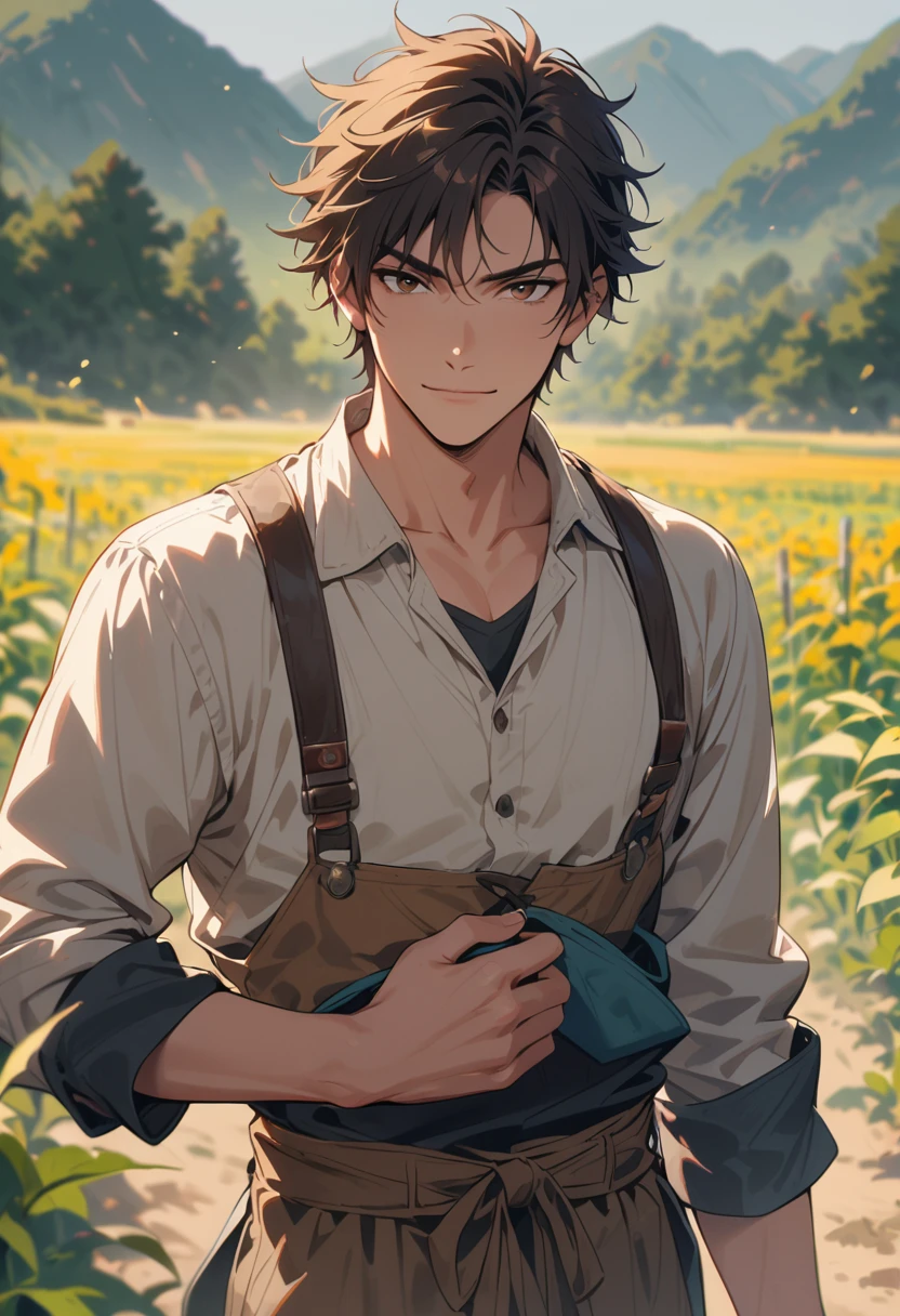 1man, bishonen, adult, handsome, male, solo, brown hair (short spiky hair), brown eyes, farmer, brown peasant clothes, waist-up, friendly smile, warm smile, muscular, (background in farm field), cinematic angle, masterpiece, best quality, high resolution, ultra-detailed, scruffy, tall