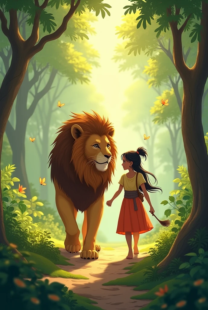 From that day on, the lion, whom she named Sheru, became her constant companion.**
- *Show Aisha and the lion, now named Sheru, walking together happily through the forest.*