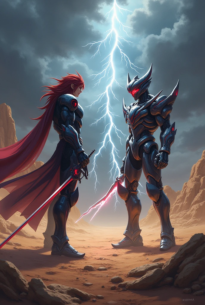 Megaman X6 Zero using his dark armor and with his energy sword,  fighting against x in the ultimate armor In the background they are in a desert, with a dark sky and thunder 