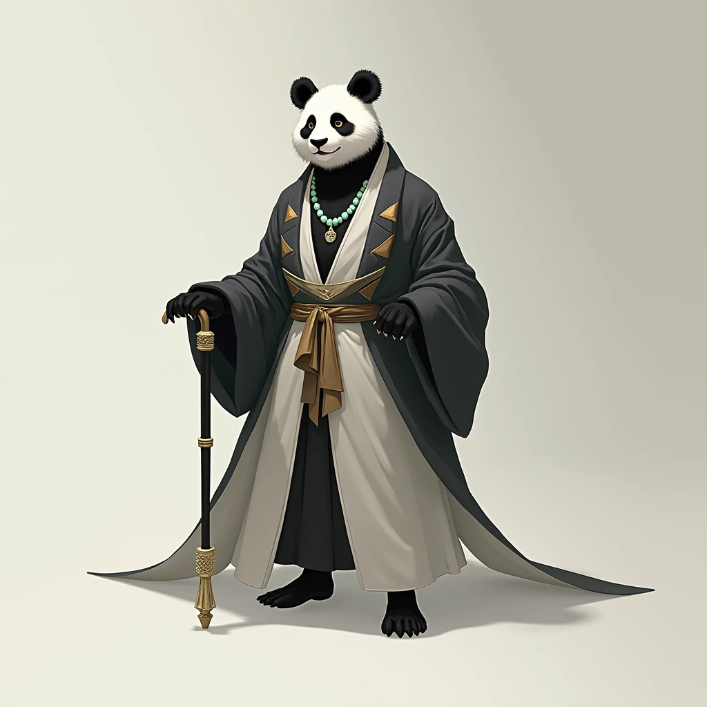 (masterpiece, top quality, best quality, official art,beautiful and aesthetic:1.2),(4k,8k, best quality,masterpiece:1.2),(((white background))), solo,Game character, the panda person, a game character inspired by pandas, wearing a black and white robe, adorned with a jade bead necklace and bracelet, viewed from multiple angles including back view and side view, holding a cane. The structure is clear and accurate, with a modern realistic representation and consistent lighting that looks natural and believable.