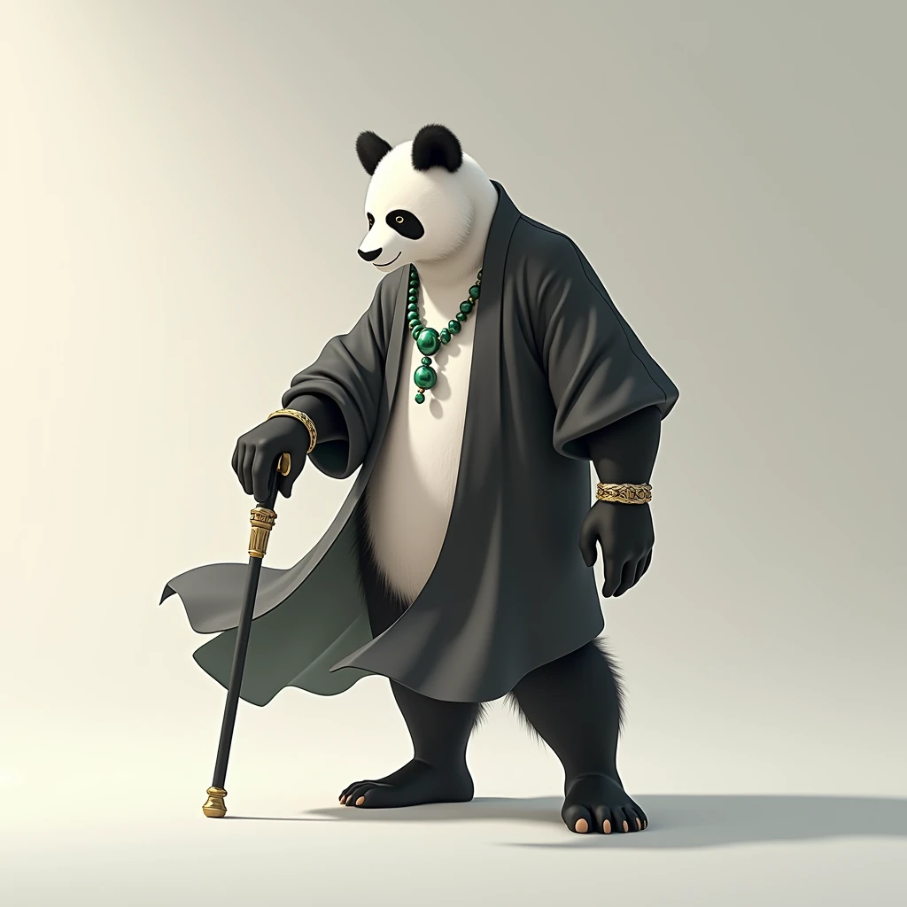 (masterpiece, top quality, best quality, official art,beautiful and aesthetic:1.2),(4k,8k, best quality,masterpiece:1.2),(((white background))), solo,Game character, the panda person, a game character inspired by pandas, wearing a black and white robe, adorned with a jade bead necklace and bracelet, viewed from multiple angles including back view and side view, holding a cane. The structure is clear and accurate, with a modern realistic representation and consistent lighting that looks natural and believable.