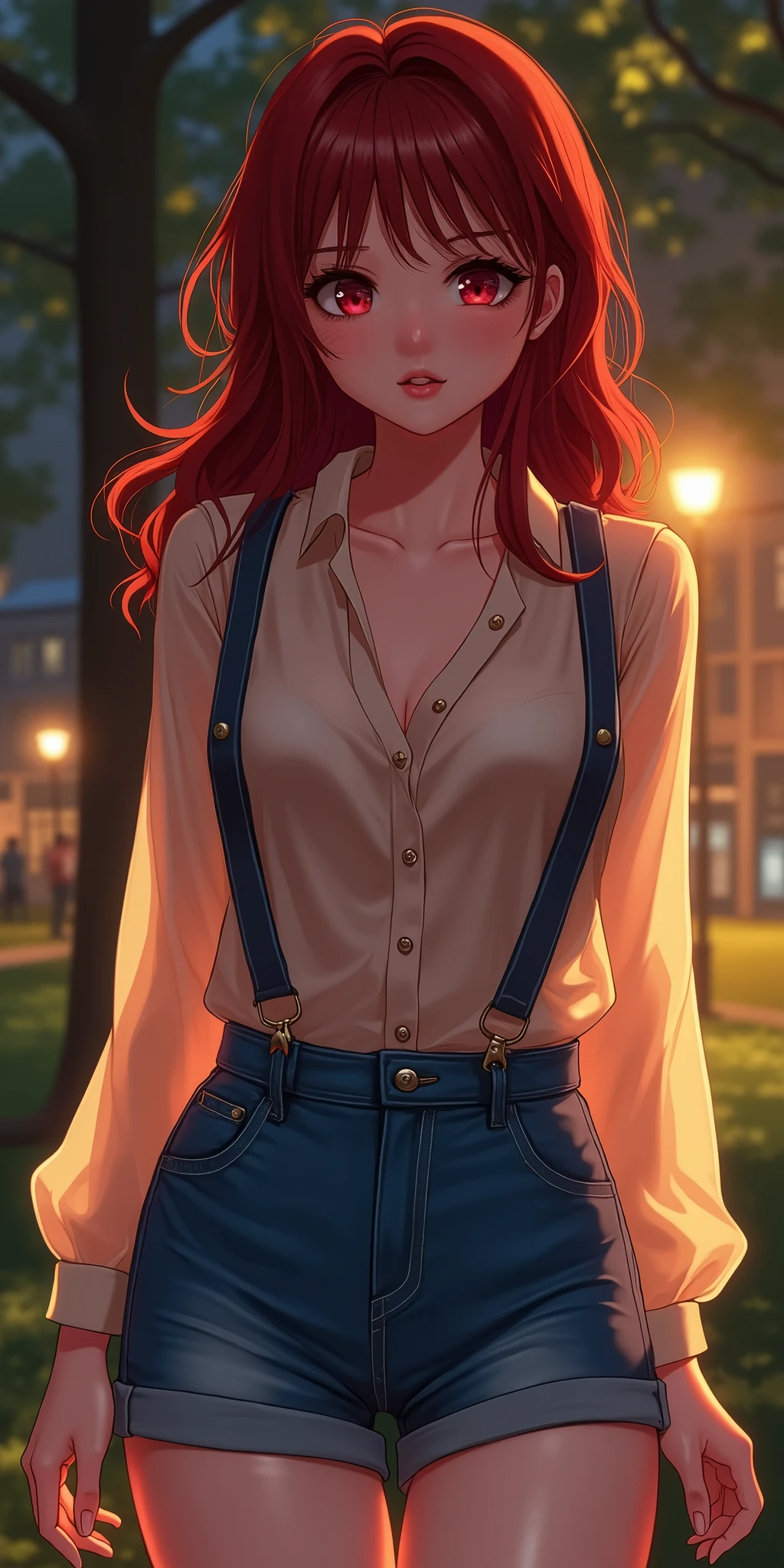(best quality, ultra-detailed, photorealistic: 1.39), bright and vibrant colors, studio lighting, romantic expression, An effeminate girl, create a sensual woman with seductive big breasts, silky dark red hair and parted red lips, transparent long-sleeved blouse with buttons, denim shorts with suspenders, dark makeup, walking in a leaning pose in the park for a romantic date, night, manga style, anime features manga style, fully body , she is in love, manhwa style