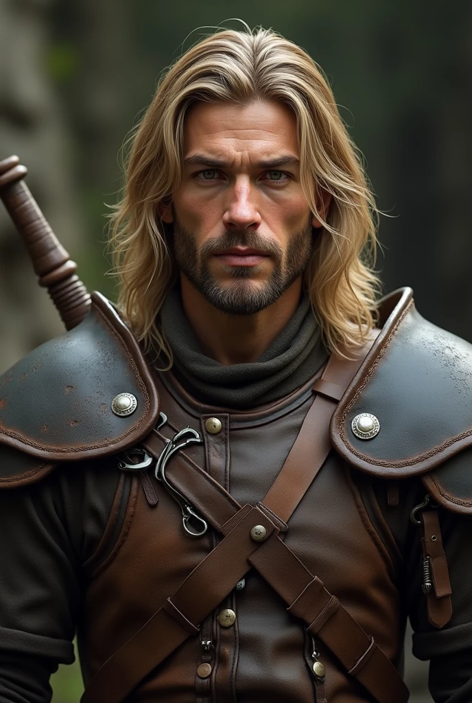Young man with beard, long blond hair and leather armor and not so muscular
