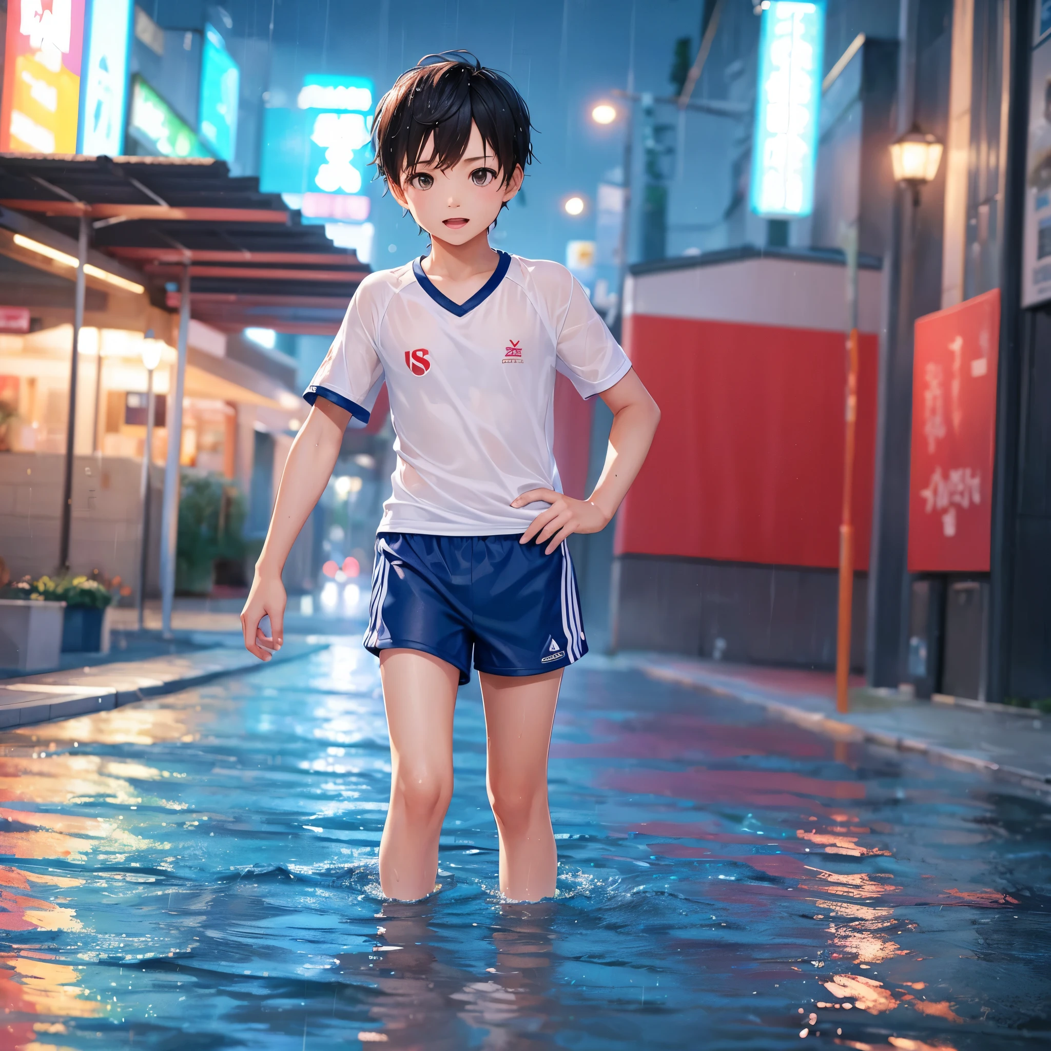 Boy playing soccer、Swimsuit、in the rain、night