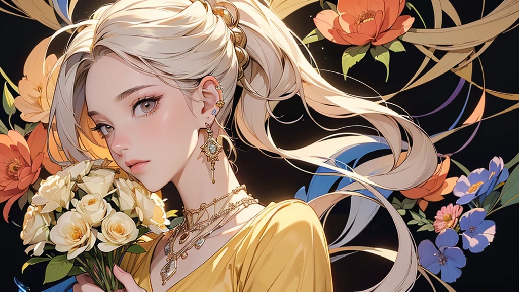 32K, 最高quality, 最高masterpiece, (ultra-Detailed Background, Detailed Background), High resolution, Super detailed, Very detailedな, 1 personの, (bouquet:1.3), (Tangled:1.2), (Geometric:1.2),(colorful),(masterpiece, quality, best quality, Official Art, Beautiful and beautiful:1.2), (1 person:1.3), Very detailed,(colorful:1.1)(Flowers:1.3),Most detailed,(Tangled:1.2), whole body, (Abstract background:1.3), (Skin glows), (Many colors:1.4), ,(Earrings Jewelry:1.5), Yellow background, It's imaginative., Milk tea colored hair, Updo,