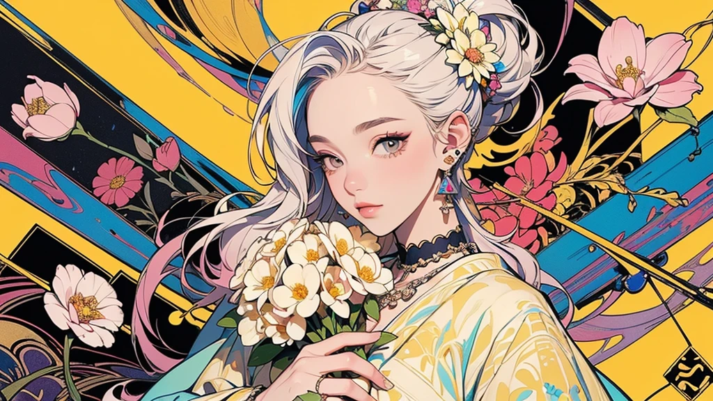 32K, 最高quality, 最高masterpiece, (ultra-Detailed Background, Detailed Background), High resolution, Super detailed, Very detailedな, 1 personの, (bouquet:1.3), (Tangled:1.2), (Geometric:1.2),(colorful),(masterpiece, quality, best quality, Official Art, Beautiful and beautiful:1.2), (1 person:1.3), Very detailed,(colorful:1.1)(Flowers:1.3),Most detailed,(Tangled:1.2), whole body, (Abstract background:1.3), (Skin glows), (Many colors:1.4), ,(Earrings Jewelry:1.5), Pale yellow background, It's imaginative., Milk tea colored hair, Updo,
