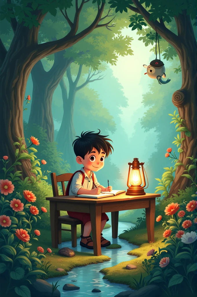 Study table with boy animation with nature