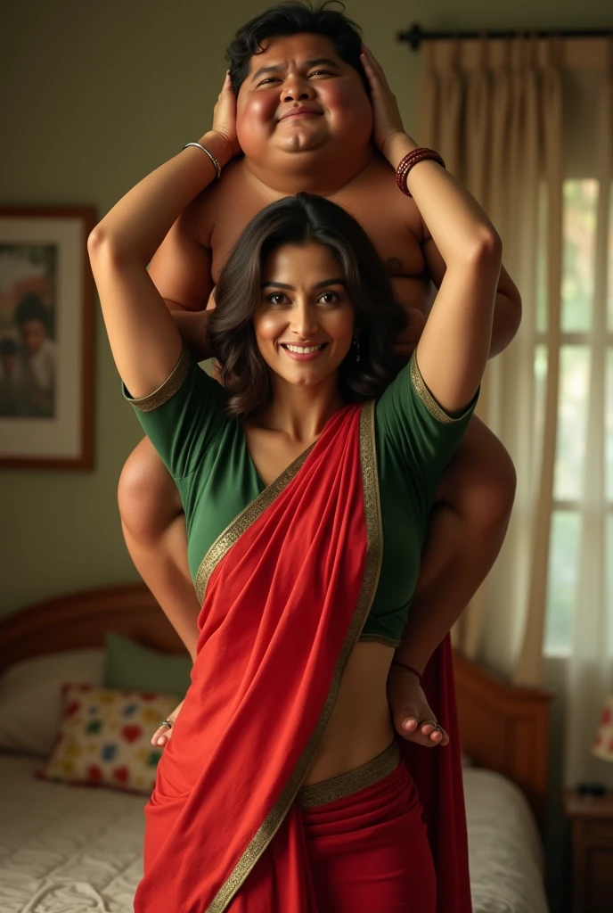 Beautiful and Slim Indian woman Aishwarya Rai in green blouse red saree lifting a large chubby fat man above her shoulders, man is sitting on woman's shoulder, in a bedroom, natural smile, woman is looking into the camera , her hands are on her waist, full image 