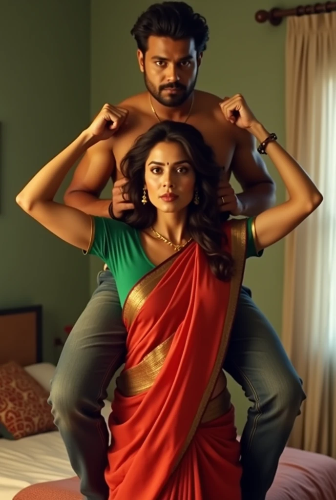 Beautiful and Slim Indian woman Aishwarya Rai in green blouse red saree lifting a large chubby fat man above her shoulders, man is sitting on woman's shoulder, in a bedroom, natural smile, woman is looking into the camera , her hands are on her waist, full image