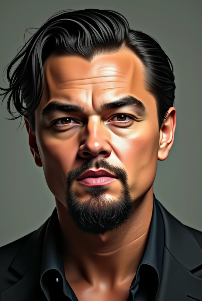 Leonardo DiCaprio Mexican with very short black hair and brown eyes and an oval face shape