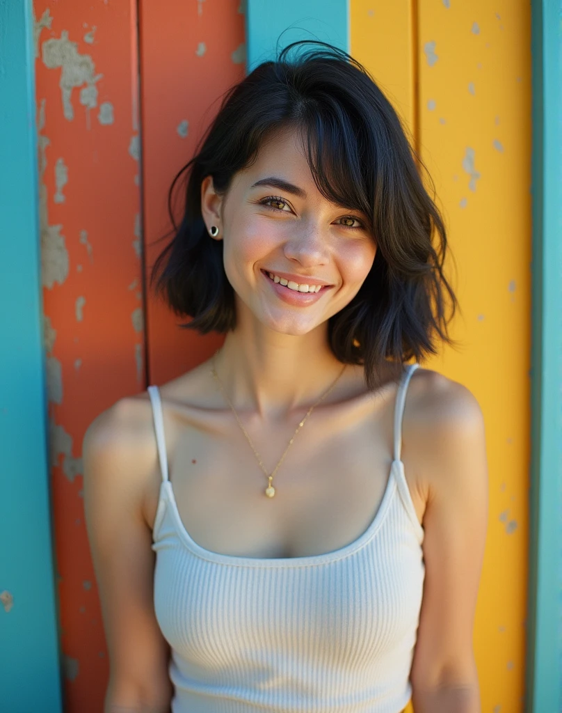 RAW photo, best quality, masterpiece, photorealistic, Polish girl, 20 years old, black hair, Light grey eyes, short bob cut, hair in 7 thirds, hair over one ear, Symmetrical eyes, pale skin, Big Breasts, rip gloss, Wearing light blue ASICS sneakers, full body, photographed in front of colorful stylish exterior wall, smiling, sunny, outdoors, detailed background shot, model-like pose, summer, sunlight, colorful stylish outfit, pale skin