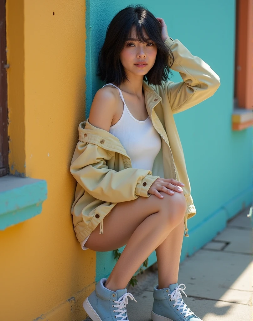 RAW photo, best quality, masterpiece, photorealistic, Polish girl, 20 years old,  full body, black hair, Light grey eyes, short bob cut, hair in 7 thirds, hair over one ear, Detailed Skin, Detailed face,  Big Breasts, Light blue sneakers, photographed in front of a colorful and stylish exterior wall, smiling, full body, sunny, outdoors, detailed background, model-like pose, summer, sunlight, shadow, stylish outfit,