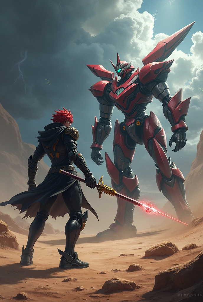 Megaman X6 Zero using his dark armor and with his energy sword,  fighting against x in the ultimate armor In the background they are in a desert, with a dark sky and thunder 