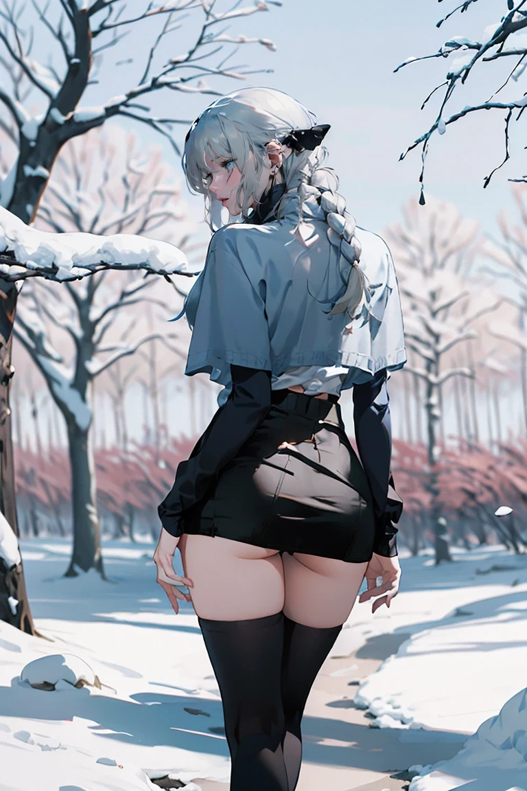 Silver Hair, (Rear View, Rear View),(Highest quality,High resolution,Very detailed,Actual),Target,A world covered in silver, Snow covered branches, toque Chill de invierno, Snowflakes dance like elves, Turning the world into a silver fairy tale, Chill, Quiet and beautiful snow scenery., Cozy and quiet, (Ocean Art 2.1), (Background Frozen white trees Snow falling:1.4) , (Beautiful Blue Eyes、Big stone black eye:1.4) , (Realistic) ,8K high quality, detailed art, Fan Art Best Art Station, Fantasy art style, ((A short, sheer black miniskirt:1.4)) ,(String), Stockings Bra, Leggings White,Sexy Body