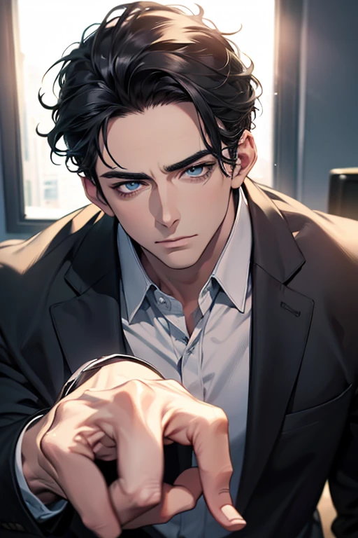 (Best Quality,4k,8k,high resolution,Masterpiece:1.2),ultra detailed,(realist,photorealist,photo-realist:1.37),1 man,31 years,mature man,very handsome,without expresion,muscled body,short gray black hair,Blue eyes,glare,perfect face without mistakes,imposing posture,businessman,office background,cinematic lighting,imagen HDR