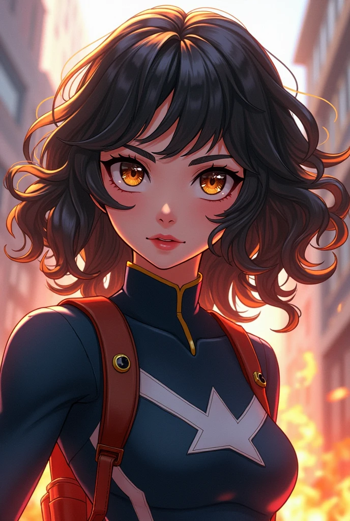 Boku no hero academia girl with wavy dark brown hair with blonde highlights 