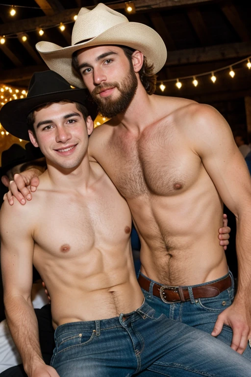Young cute handsome skinny face white beautiful soft skin shirtless at a cowboy party with handsome bearded man sitting on his dollirra black shirt and hat