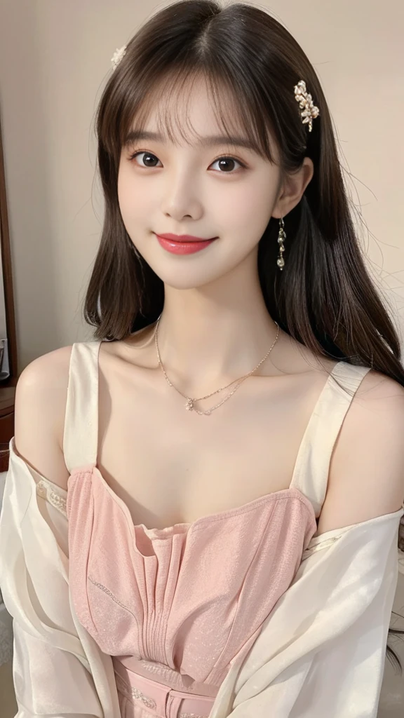 a close up of a woman wearing a pink top and a necklace, gorgeous young korean woman, attractive neck, beautiful young korean woman, beautiful south korean woman, good young girl, lovely delicate face, lovely woman, warm and gentle smile, a cute young woman, friendly seductive smile, a beautiful young woman, cute korean actress, young adorable korean face, slight cute smile