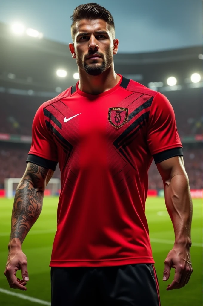 Red football shirt with black designs