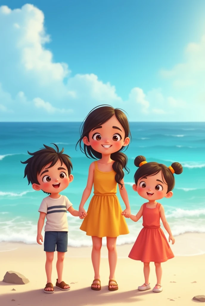 A picture of a twelve year old girl smiling and holding the hands of her two younger cousins. They are all smiling and wearing brightly coloured clothes. Scene is set at sea. Nostalgic.