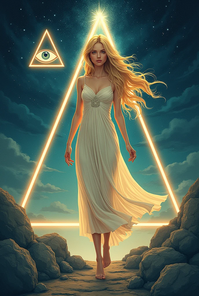 label for beer "MONJE OF SKY":
central character: A beautiful blonde woman in an elegant dress, barefoot.
Symbolic Element: The woman is located inside an equilateral triangle, that stands out in the design.
bottom: A starry night sky, using light and soft colors.
Mystical element: in the sky, There is a second smaller equilateral triangle with an eye in the center (in the style "All-seeing eye").