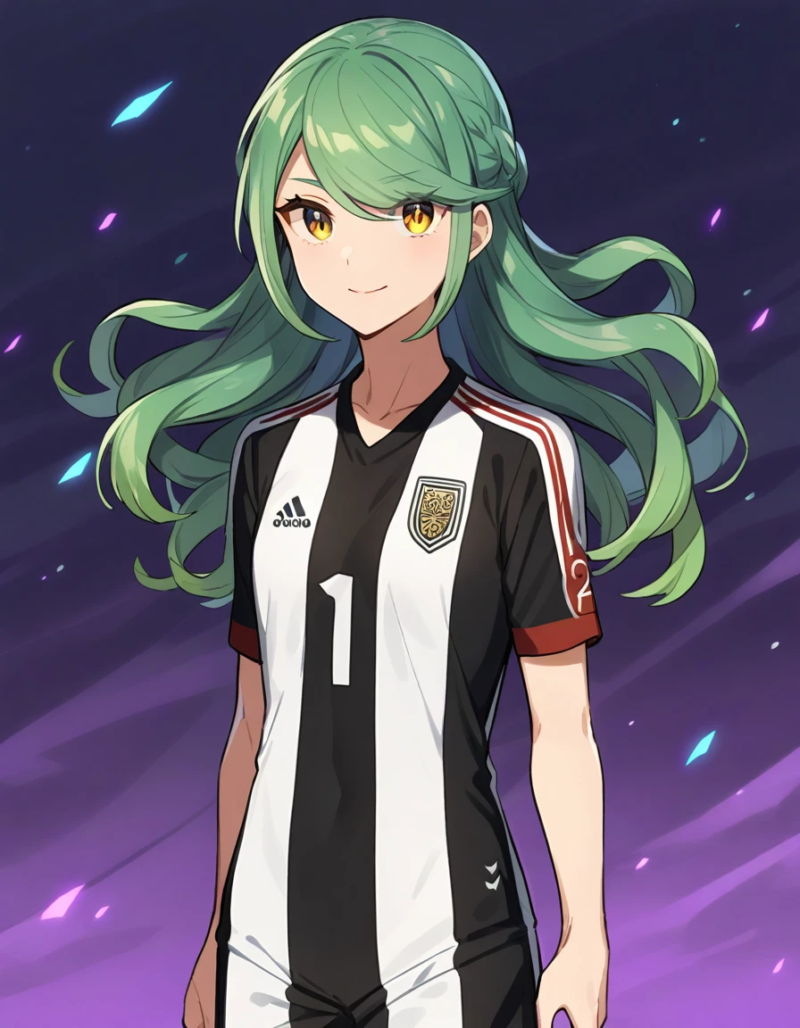 anime girl, soccer player, skin fair, hair green, gold eyes.