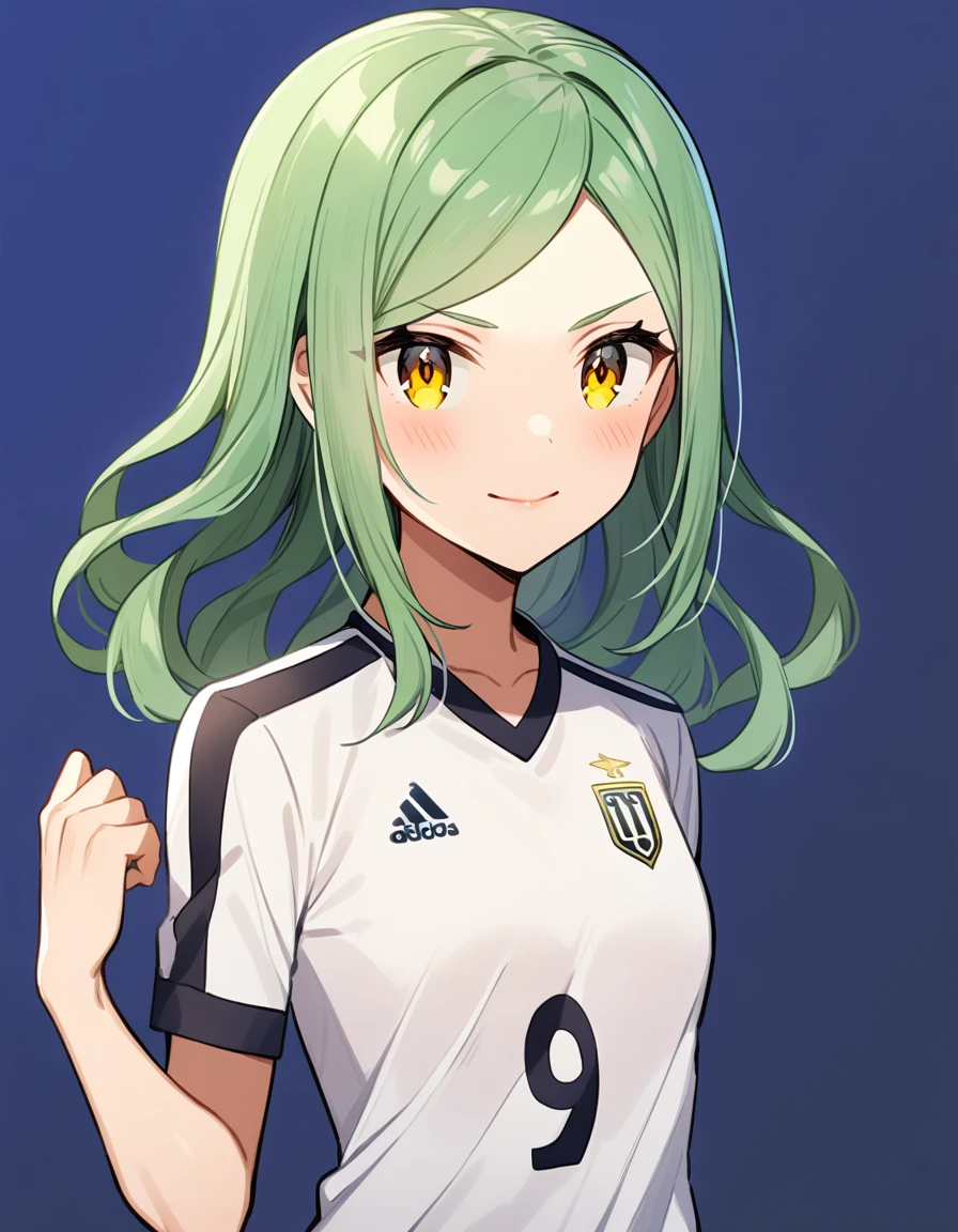 anime girl, soccer player, skin fair, hair green, gold eyes.