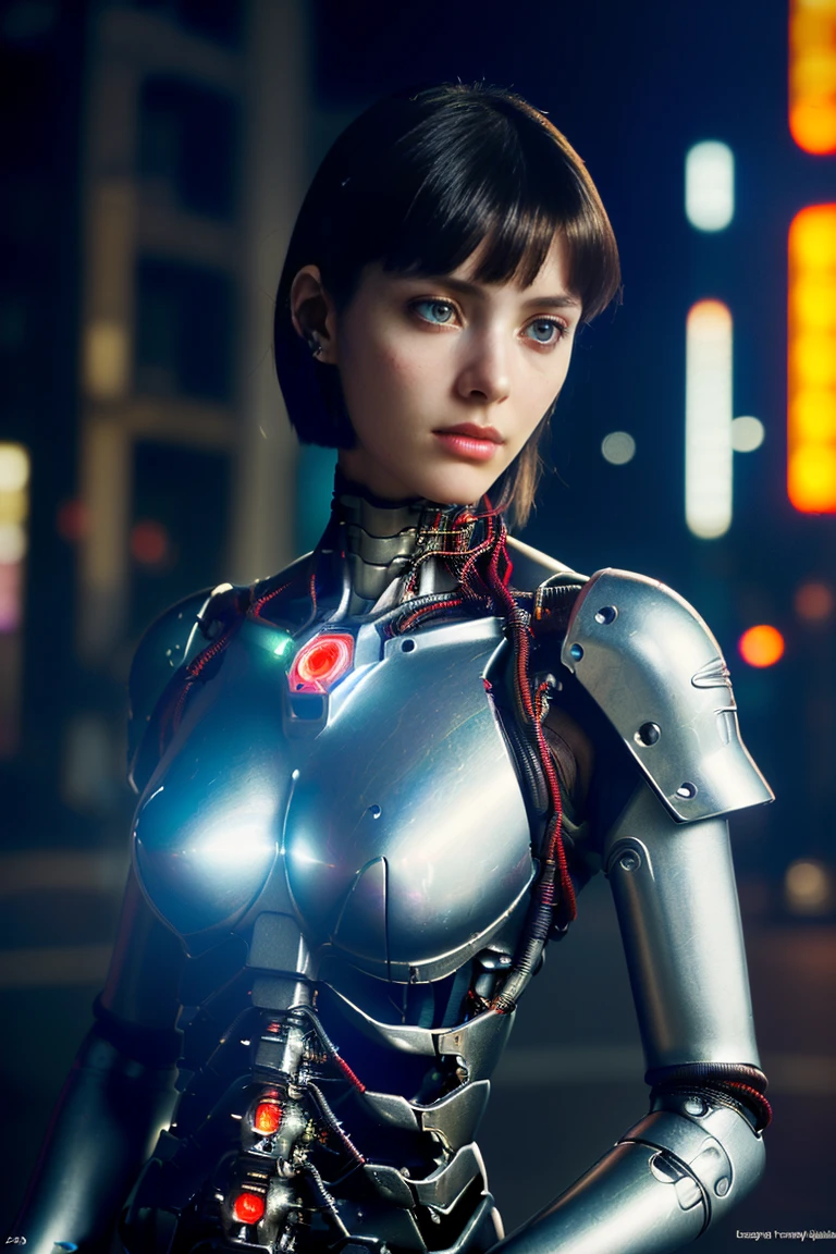 Top Quality, Masterpiece, Ultra High Resolution, ((Photorealistic: 1.4), Raw Photo, 1 cyberpunk Girl, Glossy Skin, 1 Mechanical Girl, (Ultra Realistic Detailechanical limbs, tubes connected to the mechanical parts, mechanical vertebrae attached to the spine, mechanical cervical attachment to the neck, wires and cables connecting to the head, Evangelion, Ghost in the Shell, small glowing LED lamps, global lighting, deep shadows, Octane Rendering, 8K, bloom effect, Ultra Sharp, Metal, Intricate Ornament Details, baroque details, Very intricate details, realistic light, CGSoation trend, facing the camera, neon details, (android manufactory in background), art by H.R. Giger and Alphonse Mucha.