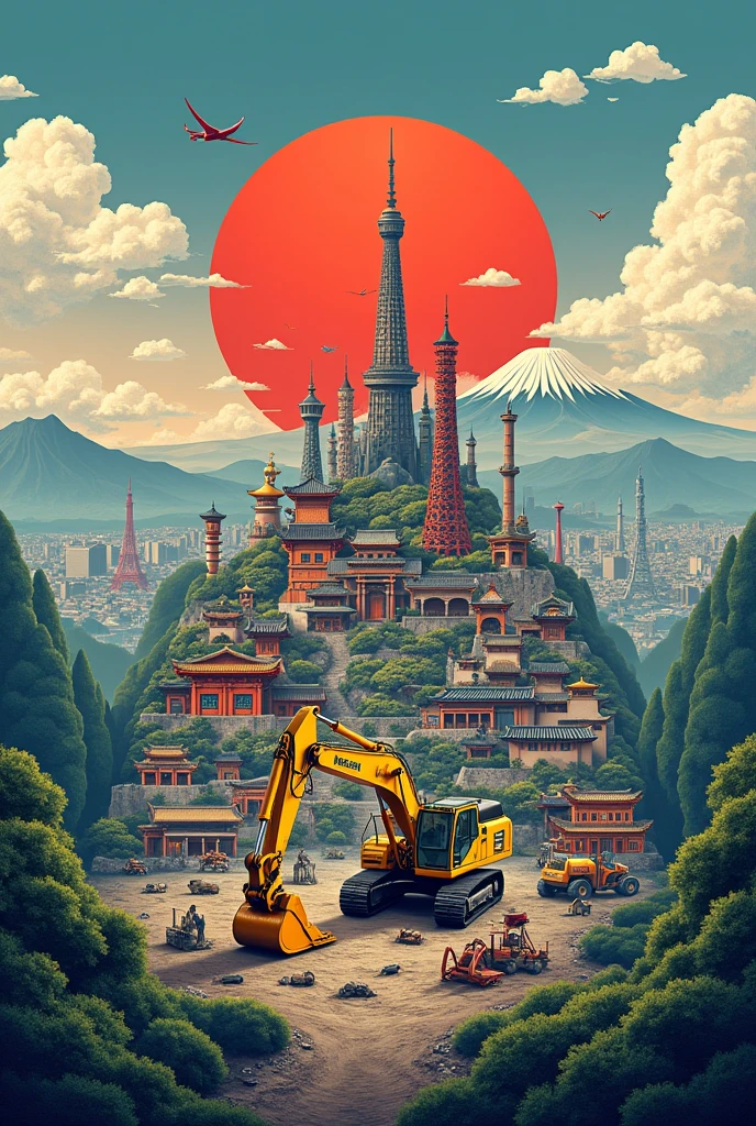 Komatsu company with background from Japan and the Asian continent 
