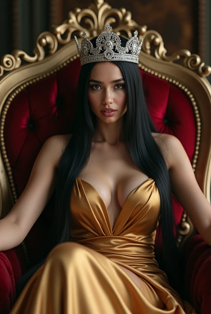 woman, long straight black hair, medium bust, silver crown, shiny smooth gold dress, sitting on a large queen chair, legs crossed, looking at the camera, photorealistic