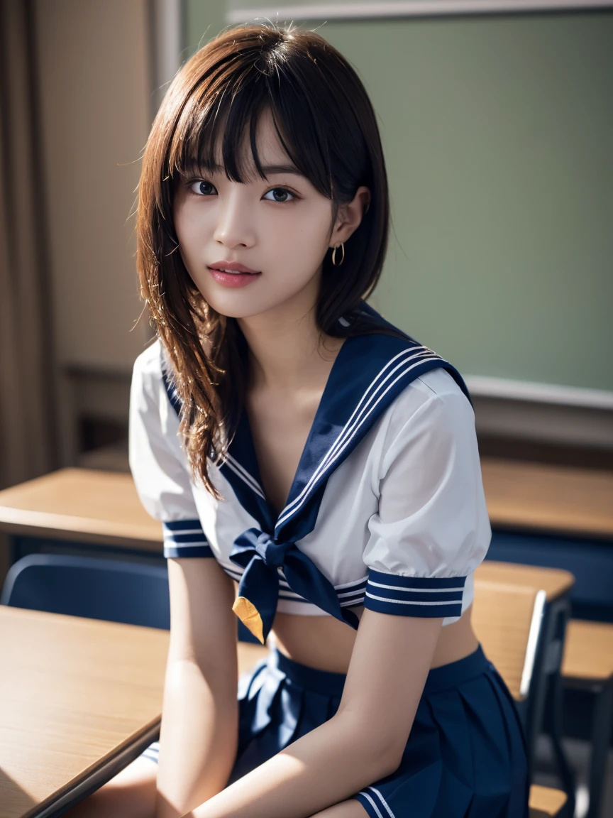 masterpiece:1.2, Very detailed, Ultra-high resolution, Realistic, photo Realistic:1.6, High-resolution RAW color photos, Professional photos, Sharp focus:1.2, Very detailed顔と肌の質感, Very beautiful eyes, Glossのある肌, Glowing Skin, Glowing Skin, Shining Face, Gloss, Oily skin, greasy face, Oily skin, greasy face,, real Glossのある肌 texture, Perfect Anatomy, Very detailed背景,(High school classroom at night),1 female,25-year-old woman, Japanese women,short hair, Straight hair, bangs, Brown Hair,((Flat Chest:1.6)), ,((A very see-through white short-sleeved sailor suit:1.8、Navy blue pleated mini skirt:1.4)),((Bra covered by sailor uniform:1.5)),Earrings、Smiling faintly、Seeking sex,((Viewer discretion advised 1.8))
